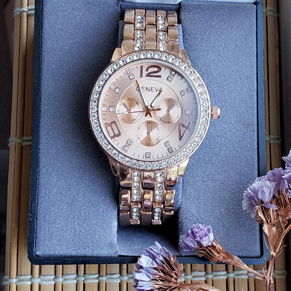 Geneva Rose Gold Tone Watch with Rhinestones